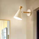 Contemporary Iron Conical Wall Lamp With Wood Top - Stylish Mounted 1-Bulb Lighting Solution White