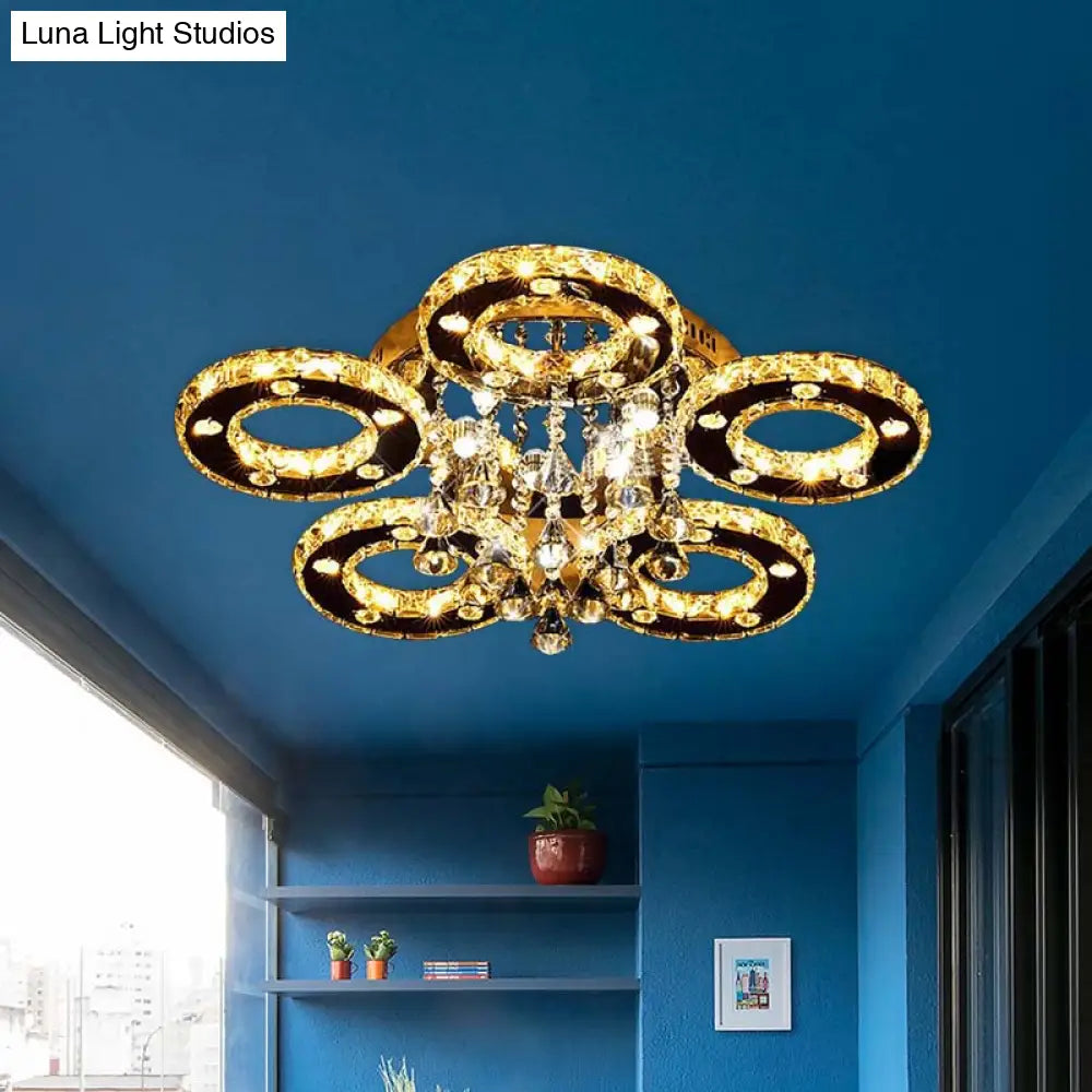 Contemporary K9 Crystal Chrome Ring Led Ceiling Lamp - Multiple Sizes & Colors Available