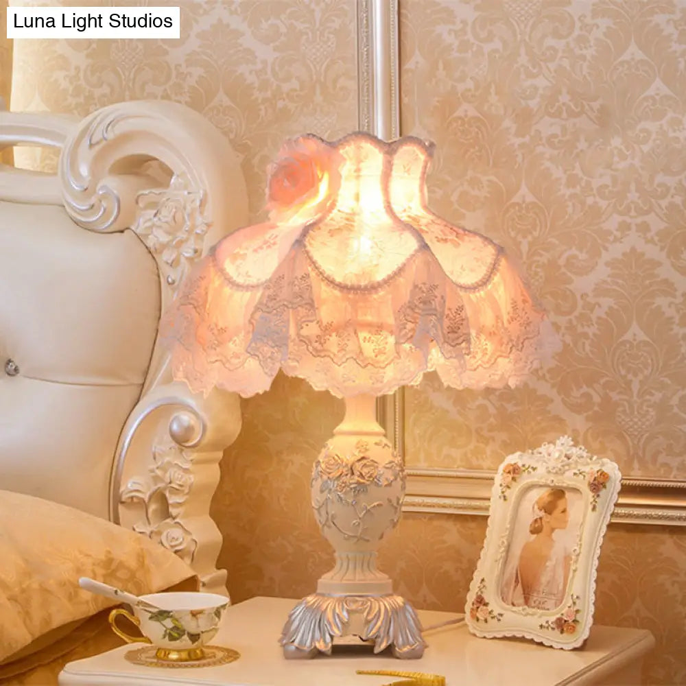 Contemporary Lace Dress Nightstand Lamp With Beige Fabric Shade And Rose Decor - 1-Bulb Night Table