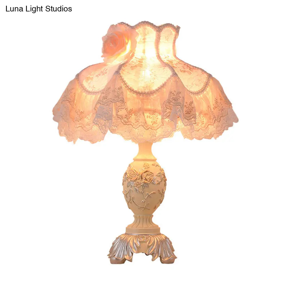 Contemporary Lace Dress Nightstand Lamp With Beige Fabric Shade And Rose Decor - 1-Bulb Night Table