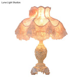Contemporary Lace Dress Nightstand Lamp With Beige Fabric Shade And Rose Decor - 1-Bulb Night Table