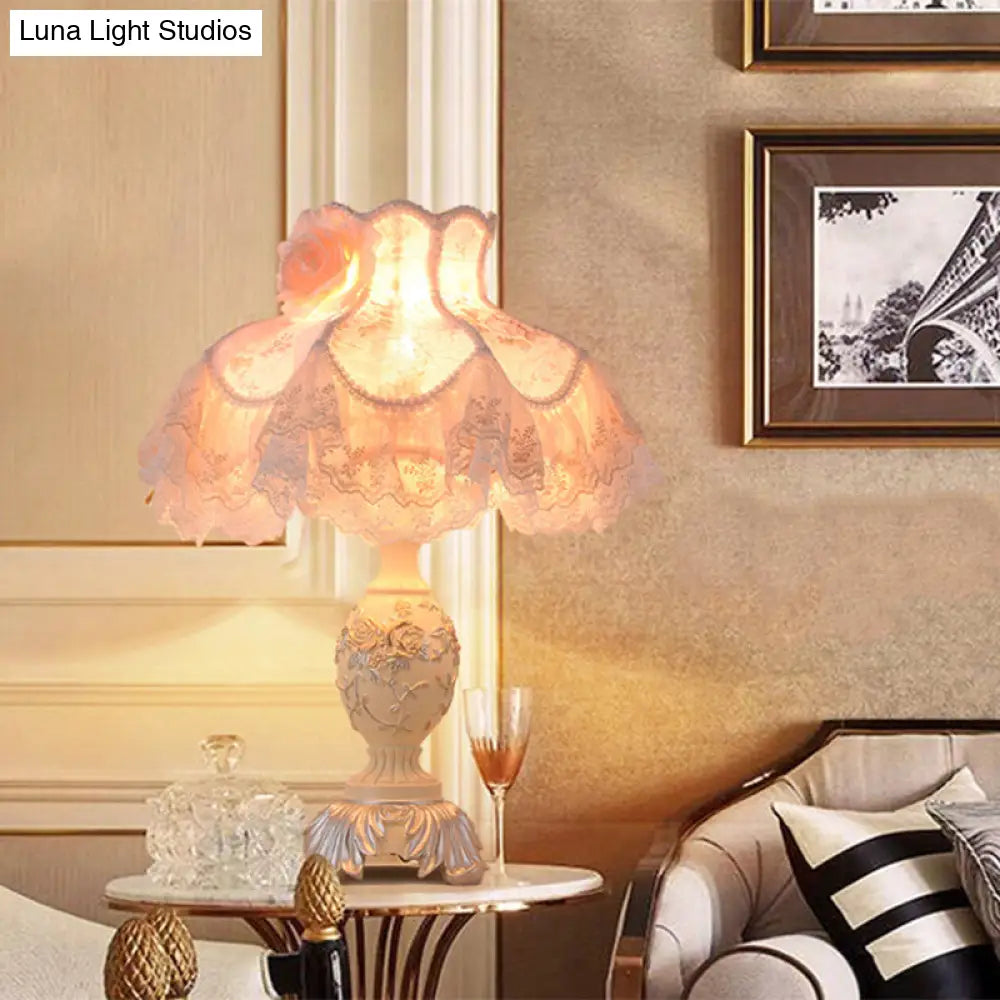 Contemporary Lace Dress Nightstand Lamp With Beige Fabric Shade And Rose Decor - 1-Bulb Night Table