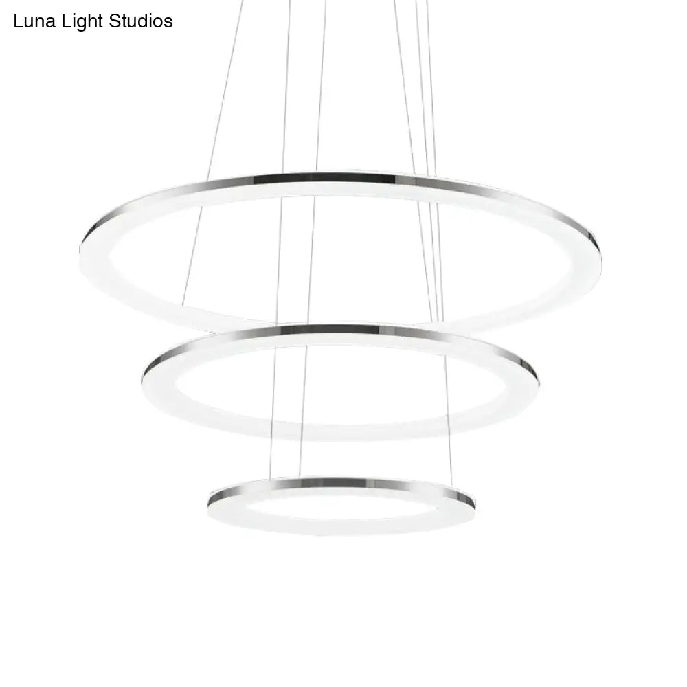 Contemporary Led Acrylic Round Ceiling Pendant Chandelier - 1/2/3-Head Silver Warm/White Light
