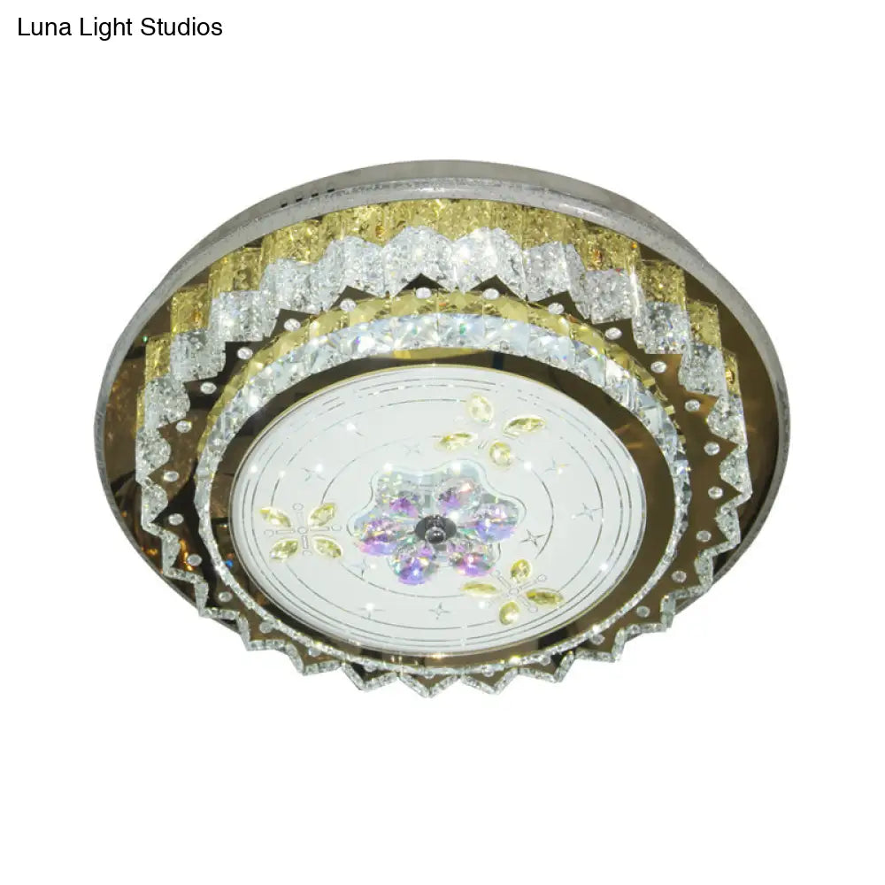 Contemporary Led Bedroom Ceiling Fixture - Crystal Blocks Round Flush Mount In Stainless-Steel