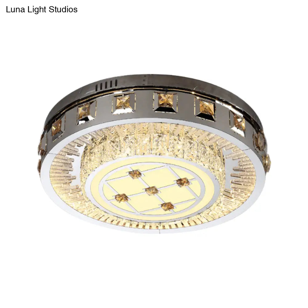 Contemporary Led Bedroom Lighting Fixture - Stainless Steel Flush Mount With Circular Crystal Blocks