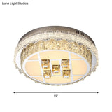 Contemporary Led Bedroom Lighting Fixture - Stainless Steel Flush Mount With Circular Crystal Blocks