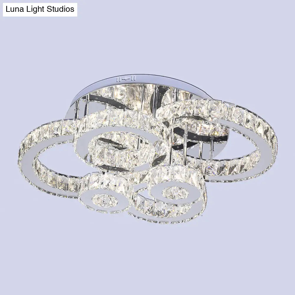 Contemporary Led Ceiling Light With Crystal Multi - Rings And Stainless Steel Finish For Bedrooms