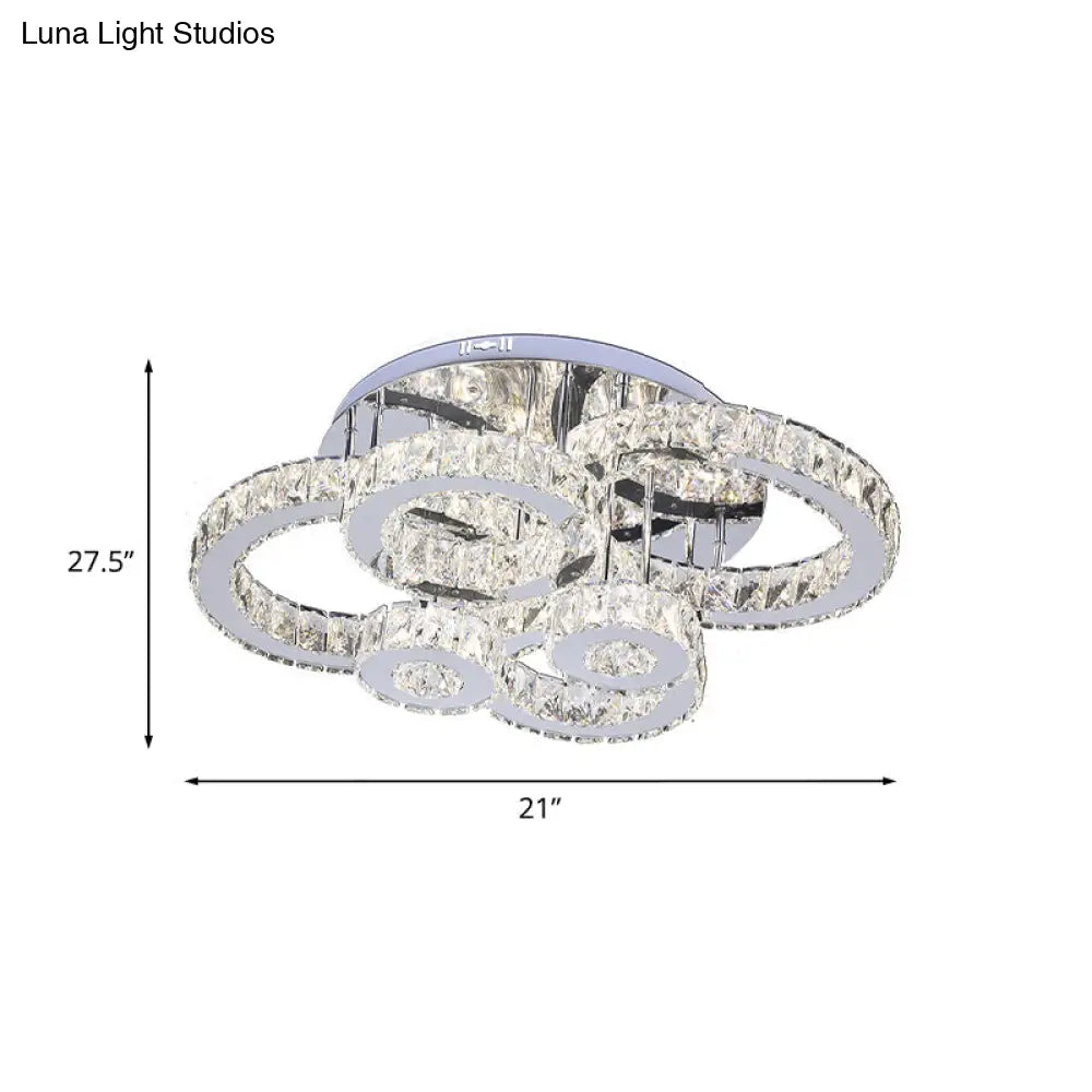 Contemporary Led Ceiling Light With Crystal Multi - Rings And Stainless Steel Finish For Bedrooms