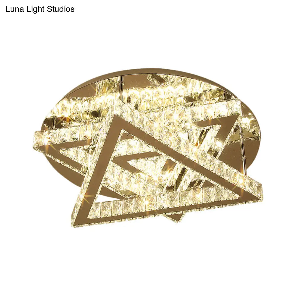 Contemporary Led Ceiling Mount Double Triangle Crystals Semi Flush In Stainless-Steel