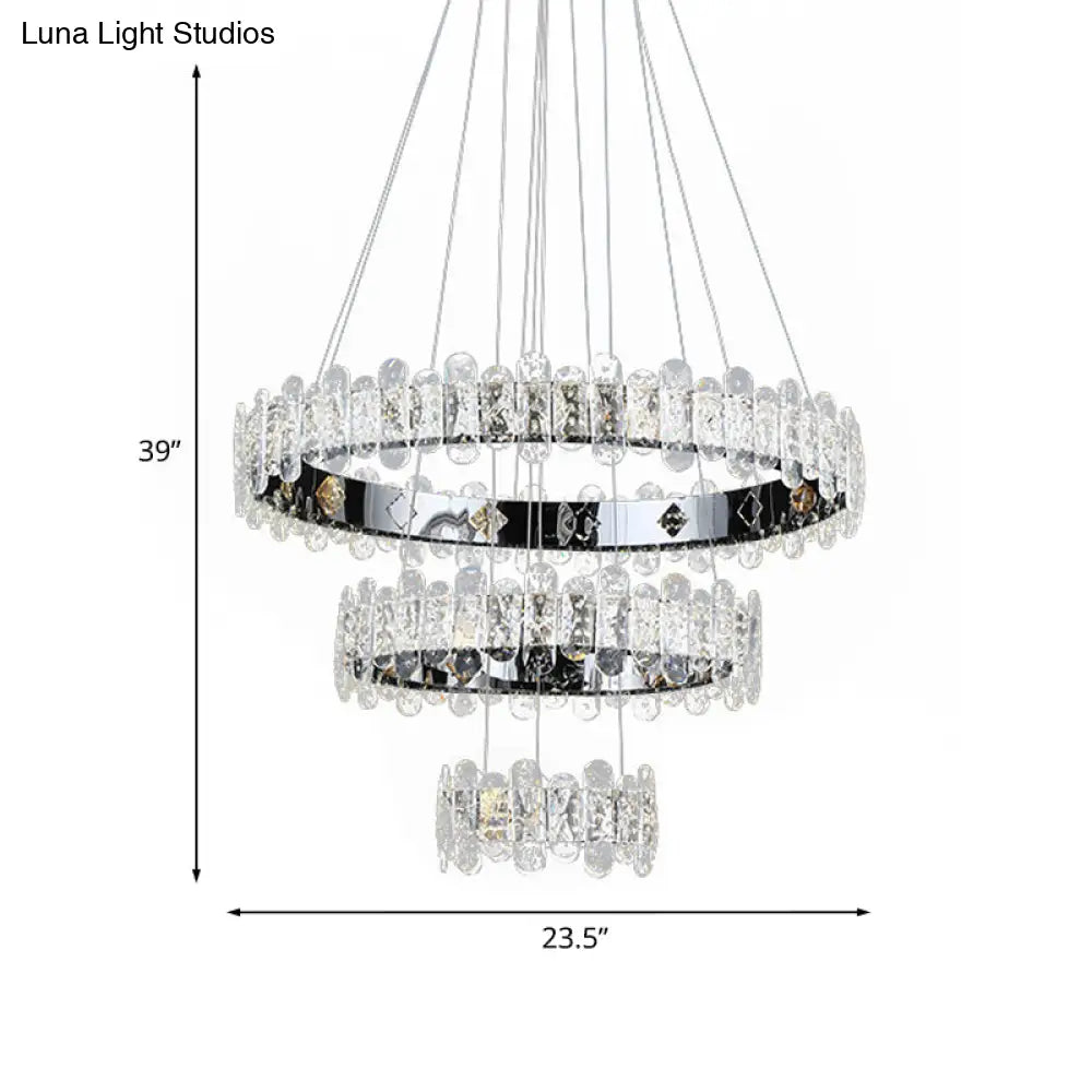 Contemporary Led Crystal Chandelier - 3-Tiered Circle Pendant Light With Embedded Chrome