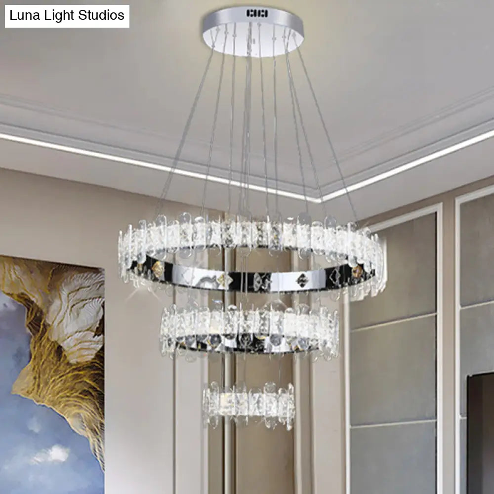 Contemporary Led Crystal Chandelier - 3-Tiered Circle Pendant Light With Embedded Chrome