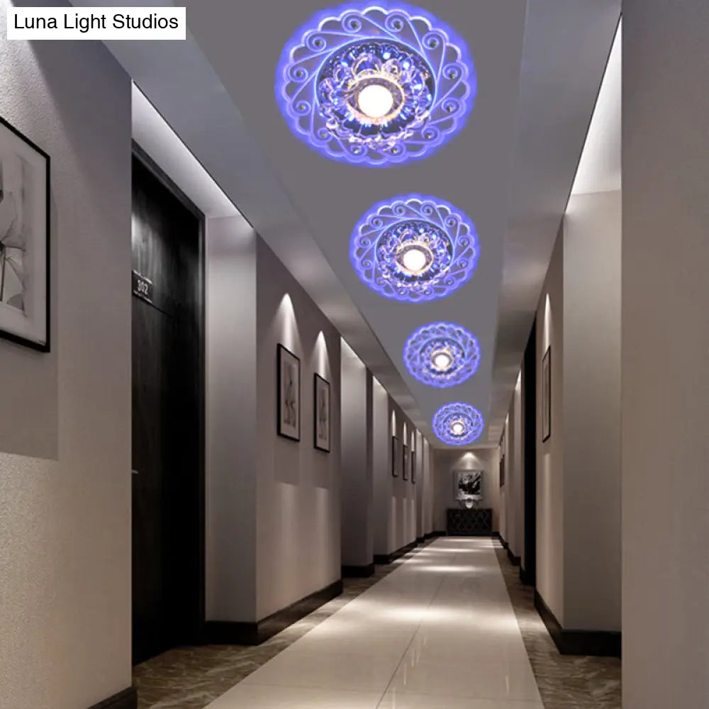 Contemporary Led Flower Flush Crystal Ceiling Light For Elegant Passages