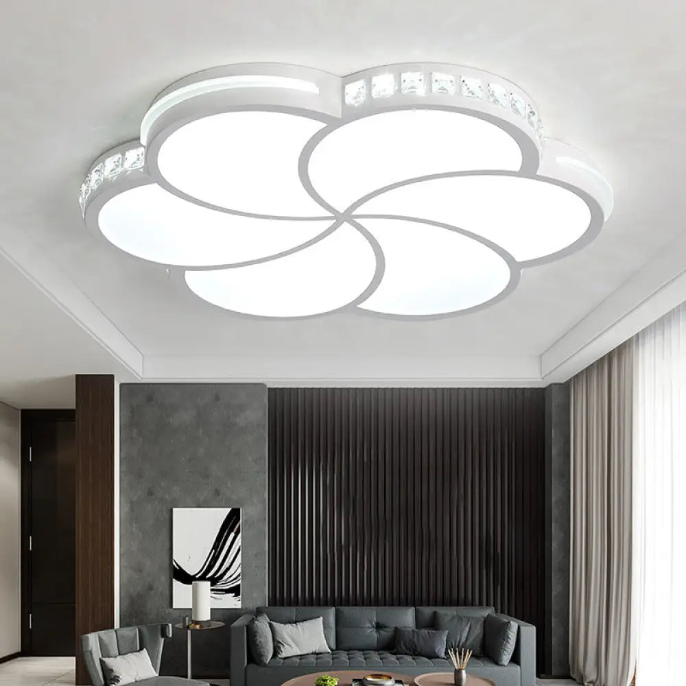 Contemporary Led Flush Ceiling Light: White Flower Design With Clear Crystal Accents For Kid’s