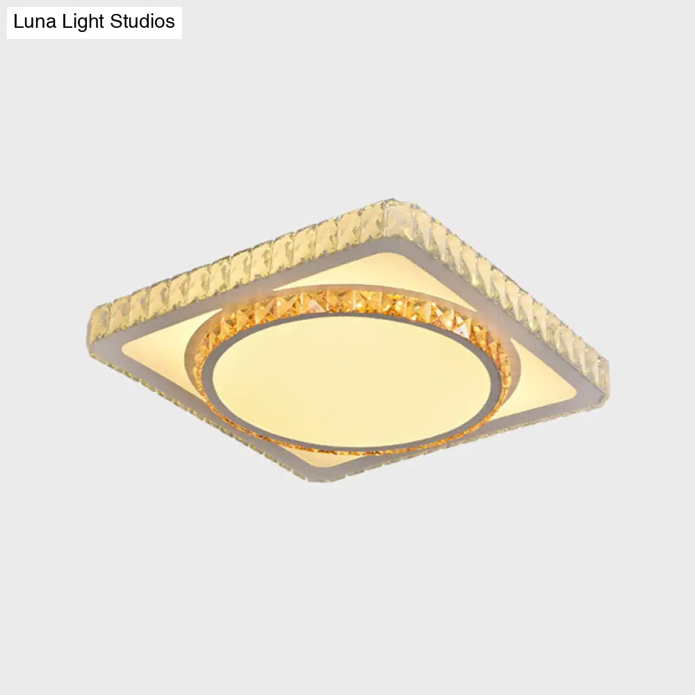 Contemporary Led Flush Mount Bedroom Ceiling Lamp With Crystal Shade - White