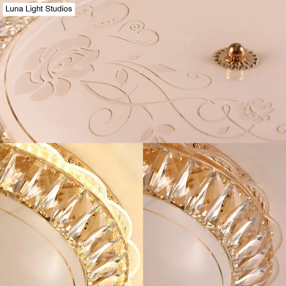 Contemporary Led Flush Mount Ceiling Light With Opal Glass Bowl And Crystal Accents - 12’/16’ Gold