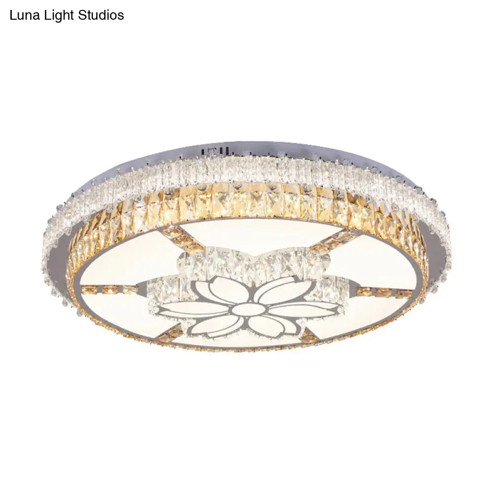 Contemporary Led Flush Mount With Clear Rectangular - Cut Crystals And Flower Design