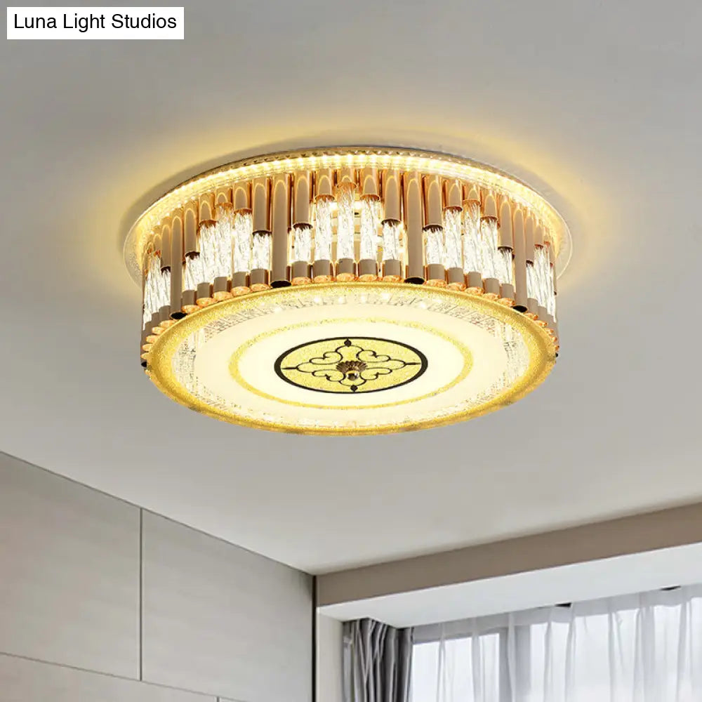 Contemporary Led Gold Flush Mount Drum Bedchamber Light Fixture With Clear Crystal Stripes