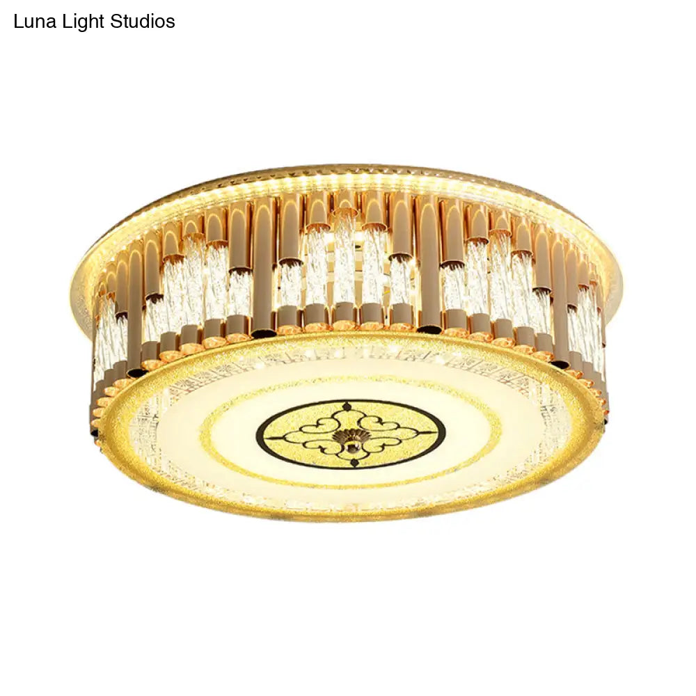 Contemporary Led Gold Flush Mount Drum Bedchamber Light Fixture With Clear Crystal Stripes