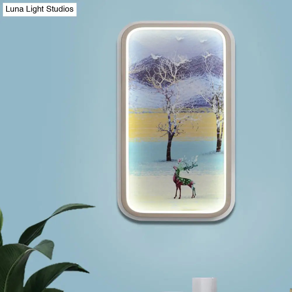 Contemporary Led Metal Wall Lamp: Yellow & Blue Rectangle With Elk Tree Pattern