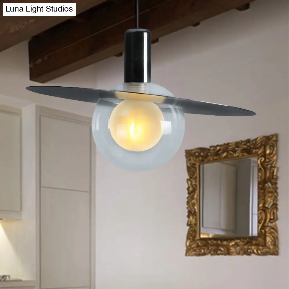 Contemporary Led Pendant Lamp: Globe Clear Glass Black Hanging Light Fixture With Ring Disk