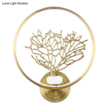 Contemporary Led Wall Mount Light With Gold Metallic Tree Design And Glowing Hook