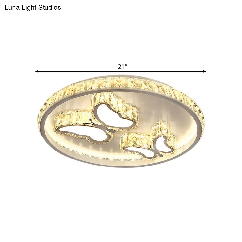Contemporary Led White Ceiling Mount Fixture With Butterfly/Loving Heart Clear Crystal Blocks