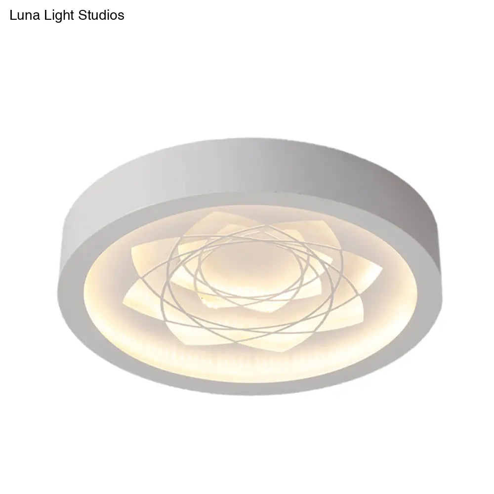 Contemporary Led White Drum Flush Mount Ceiling Fixture With Warm/White Light And Petal Pattern