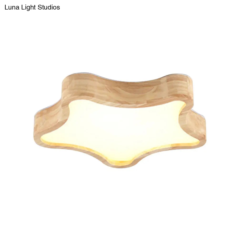 Contemporary Led Wood Flush Mount Ceiling Light With Star Wooden Shade - Perfect For Bedroom