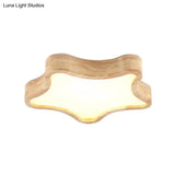 Contemporary Led Wood Flush Mount Ceiling Light With Star Wooden Shade - Perfect For Bedroom