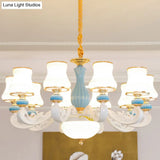 Contemporary Light Blue Pendant Chandelier For Living Room With White Glass Tapered Design