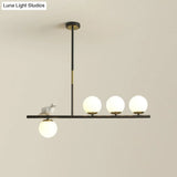 Contemporary Linear/Branch Dining Room Island Lamp - Cream Glass Ball 4 Heads Hanging Pendant With