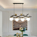 Contemporary Linear/Branch Dining Room Island Lamp - Cream Glass Ball 4 Heads Hanging Pendant With