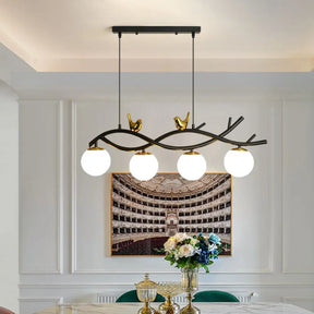 Contemporary Linear/Branch Dining Room Island Lamp - Cream Glass Ball 4 Heads Hanging Pendant With