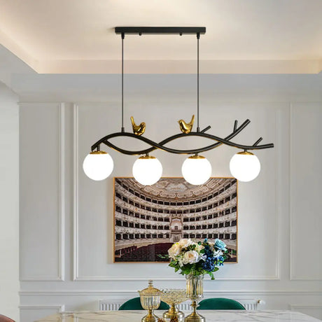 Contemporary Linear/Branch Dining Room Island Lamp - Cream Glass Ball 4 Heads Hanging Pendant With