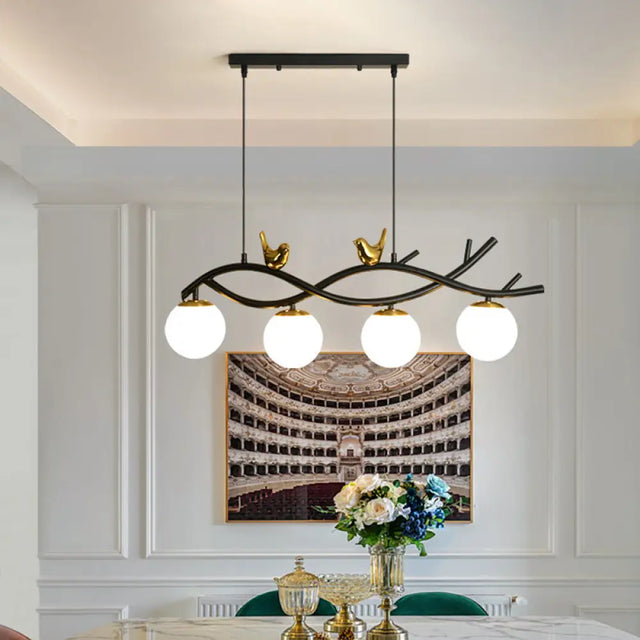 Contemporary Linear/Branch Dining Room Island Lamp - Cream Glass Ball 4 Heads Hanging Pendant With