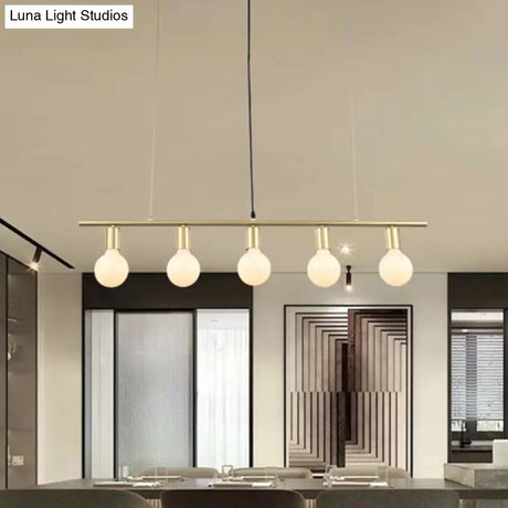 Contemporary Linear Metal Island Lighting With 5 Bulbs - White/Gold Finish Ceiling Lamp For Dining