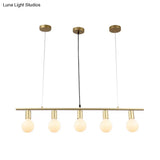 Contemporary Linear Metal Island Lighting With 5 Bulbs - White/Gold Finish Ceiling Lamp For Dining