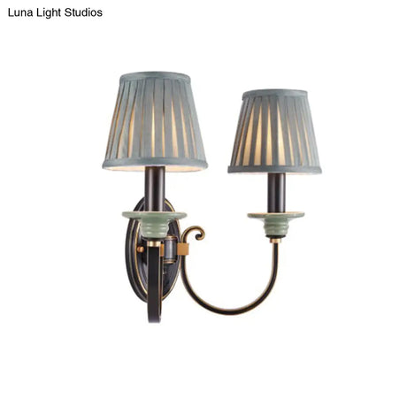 Contemporary Metal Arched Wall Light: 1 Head Black Sconce With Tapered Pleated Fabric Shade