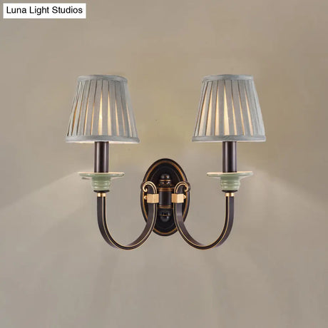 Contemporary Metal Arched Wall Light: 1 Head Black Sconce With Tapered Pleated Fabric Shade