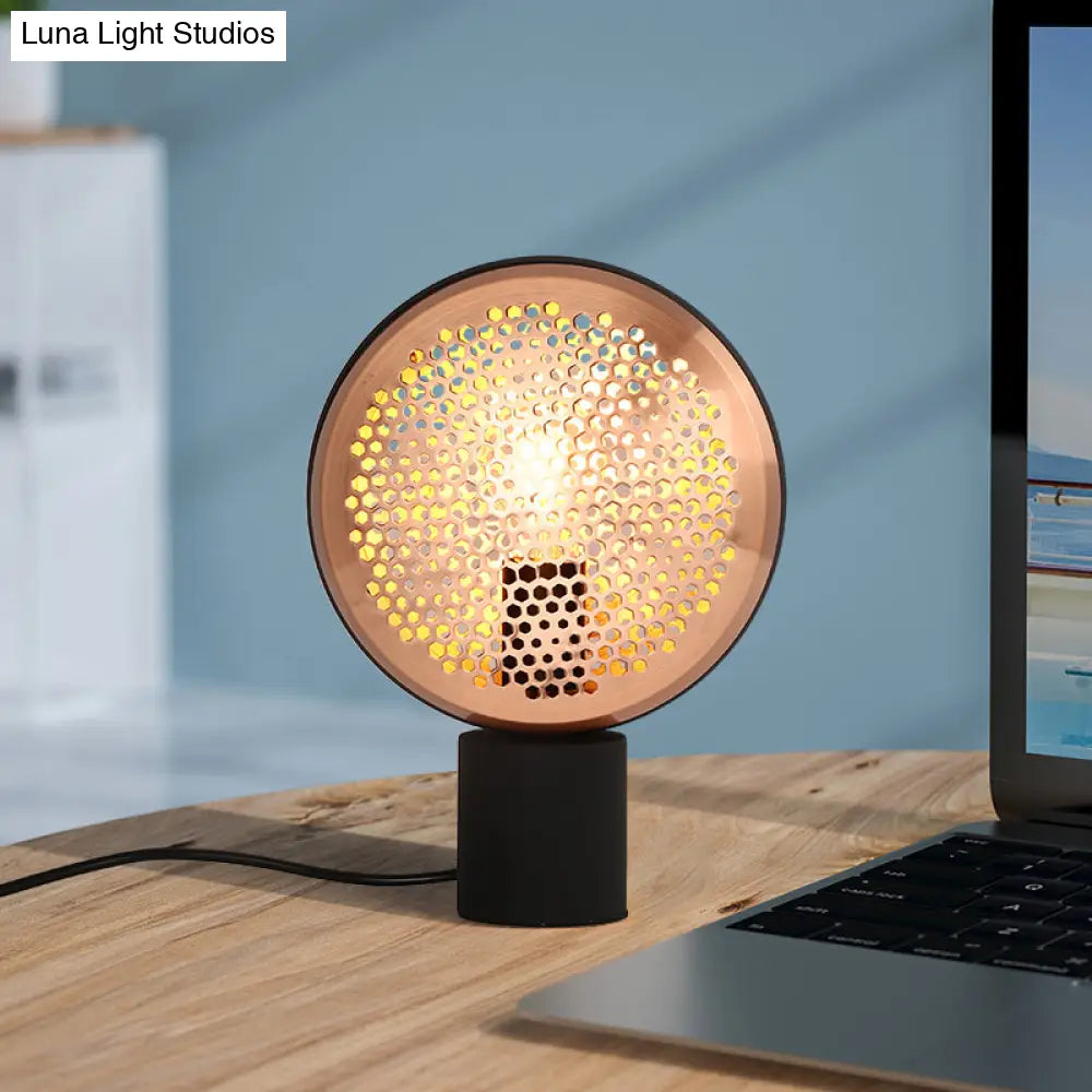 Contemporary Metal Mesh Drum Table Light In Gold/Rose Gold - 1-Light Desk Lamp With Plug-In Cord