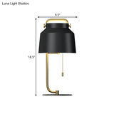 Contemporary Metal Tapered Drum Table Lamp In Black With Pull Chain - Perfect Bedroom Night Lighting