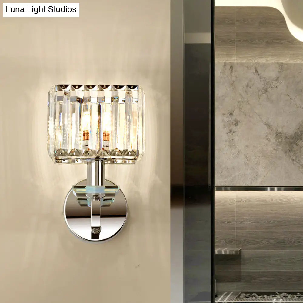 Contemporary Metal Wall Sconce - Cubic Design With Clear Crystal Block Chrome Finish