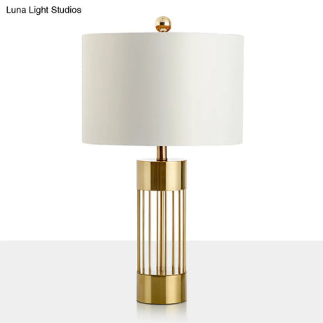 Contemporary Metallic Cylinder Table Light - Single-Bulb Bedside Lamp With White Drum Fabric Shade