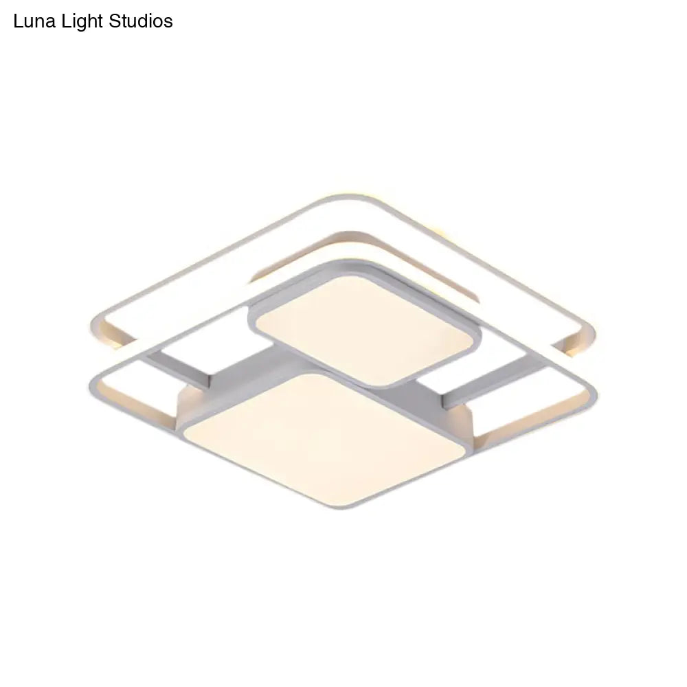 Contemporary Metallic Squared Flush Mount Lamp - White/Black Led Light 16.5’/20.5’ Width White/Warm