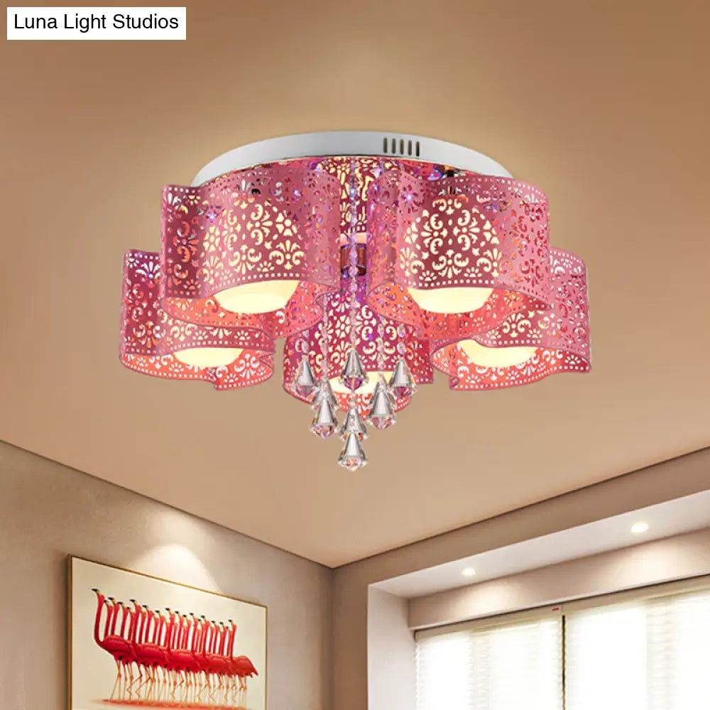 Contemporary Metallic Windmill Flushmount Light With Orb Frosted Glass Shade - Rose Red Finish (3/5