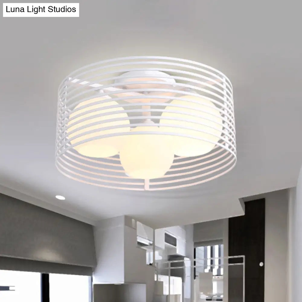 Contemporary Milk Glass Dome Flushmount: 3 - Head Flush Mount Ceiling Light With Black/White Drum