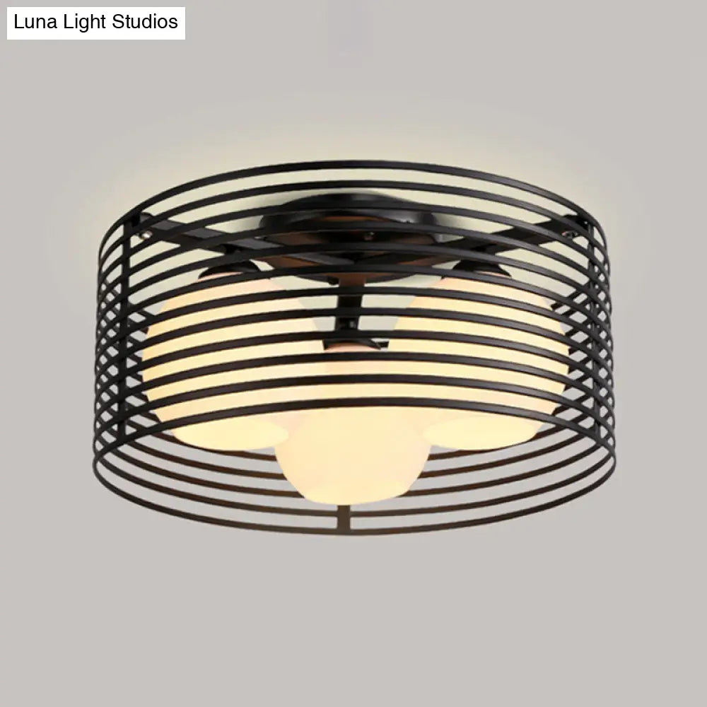 Contemporary Milk Glass Dome Flushmount: 3 - Head Flush Mount Ceiling Light With Black/White Drum