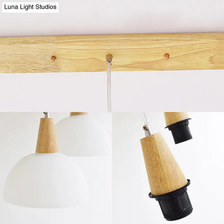 Contemporary Milk Glass Dome Pendant Lamp With Wooden Cap And 3 Lights