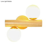 Contemporary Milk Glass Wall Lamp With Wooden Base - 2 Lights In White For Bathroom