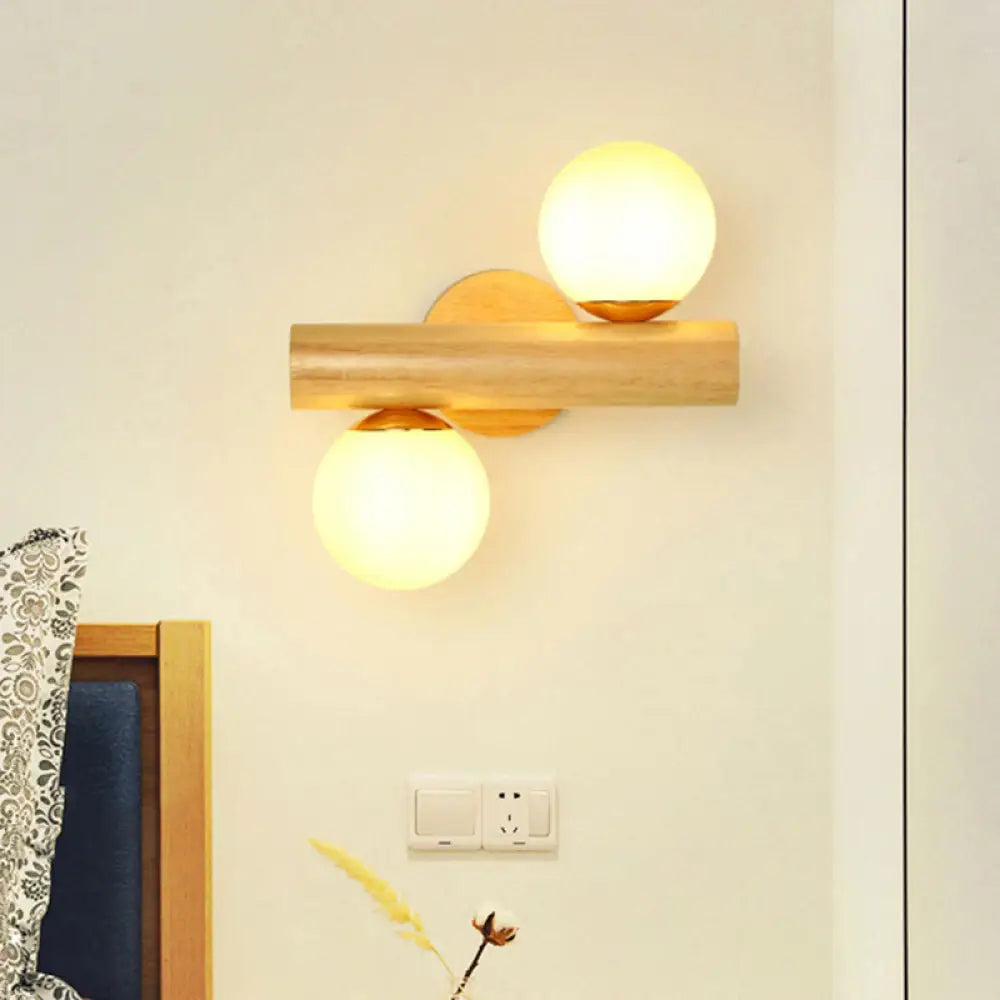 Contemporary Milk Glass Wall Lamp With Wooden Base - 2 Lights In White For Bathroom Wood